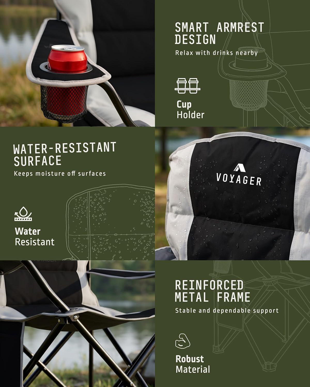 Voyager camping chair armrest with cup holder and water-resistant feature panel