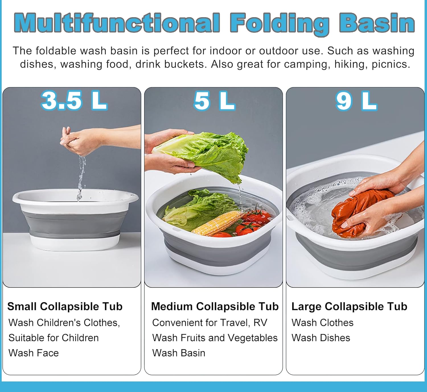 Size comparison infographic showing 3.5L, 5L and 9L versions with hands, vegetables and clothes inside each