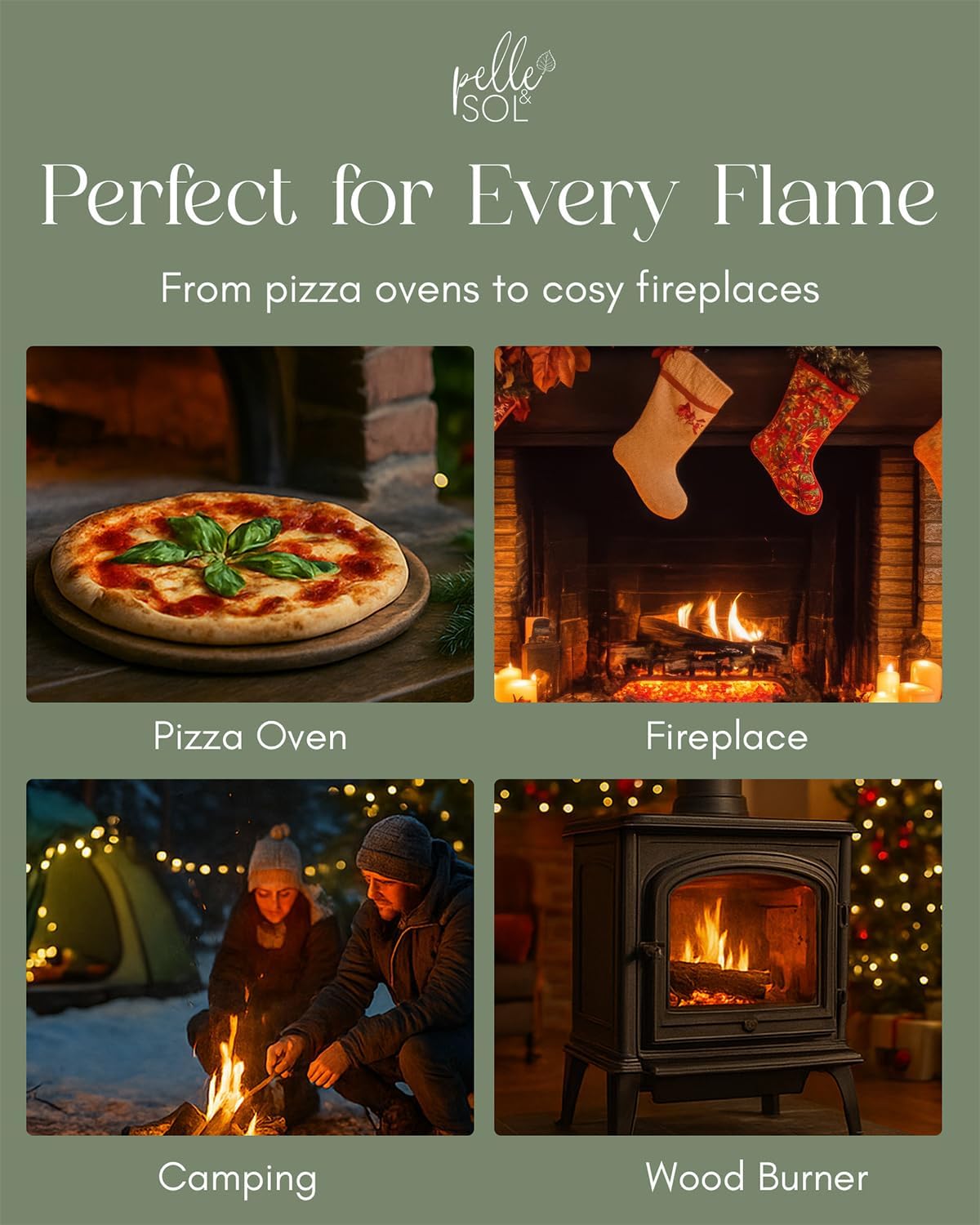 Use case grid showing pizza oven, fireplace, camping, and wood burner fire starting with Pelle & Sol firelighters
