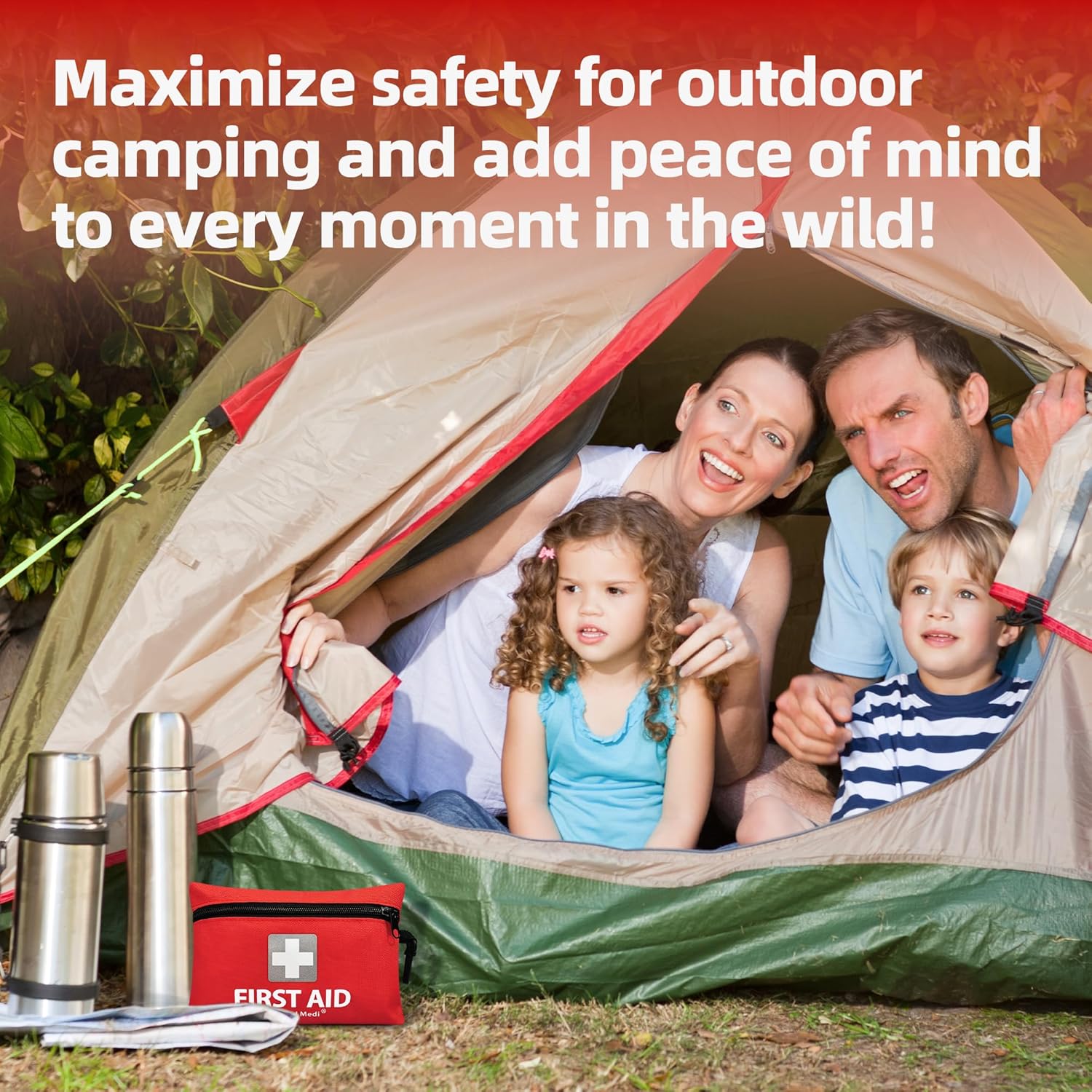 Family of four camping in a tent with Maximize safety for outdoor camping overlay and the General Medi first aid kit visible