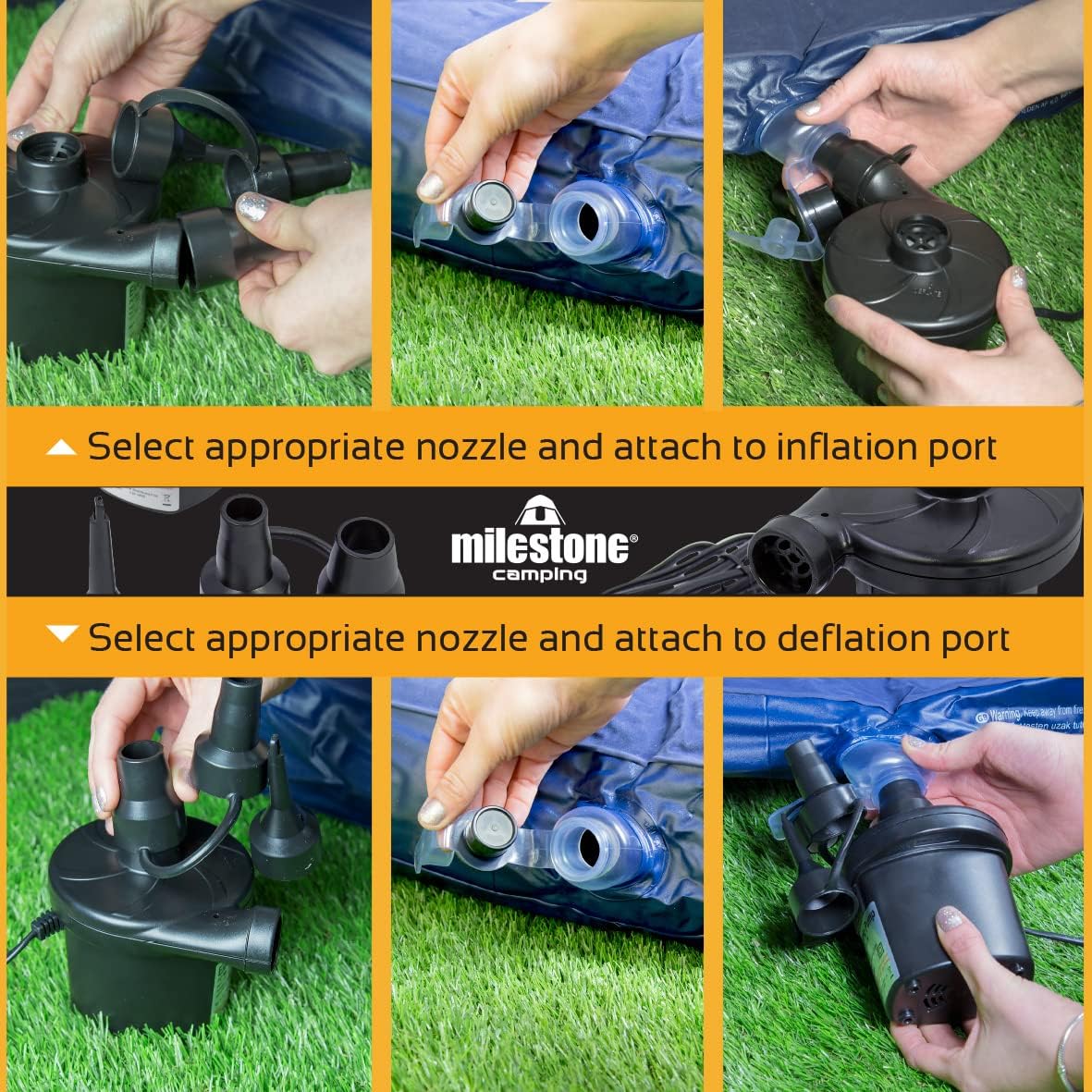 The three nozzle attachments included with the air pump