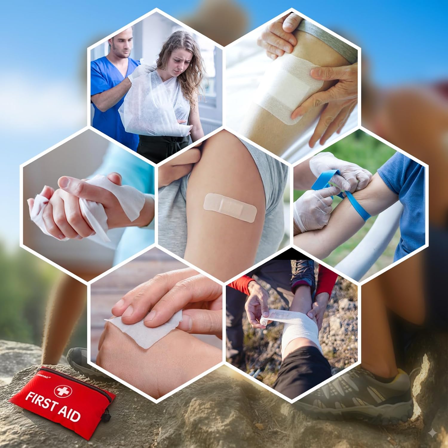 HONYAO first aid kit feature shot highlighting the compact red case and carry hook