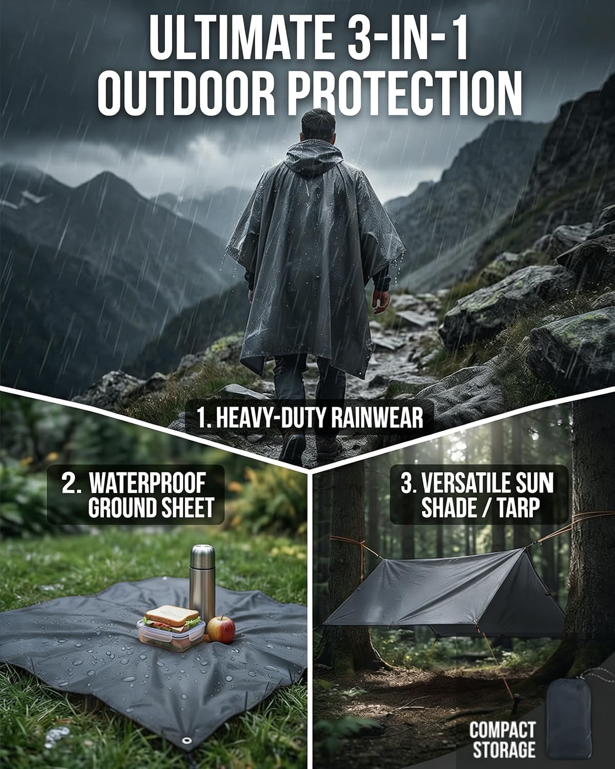 Victoper poncho feature view showing the hood and overall coverage