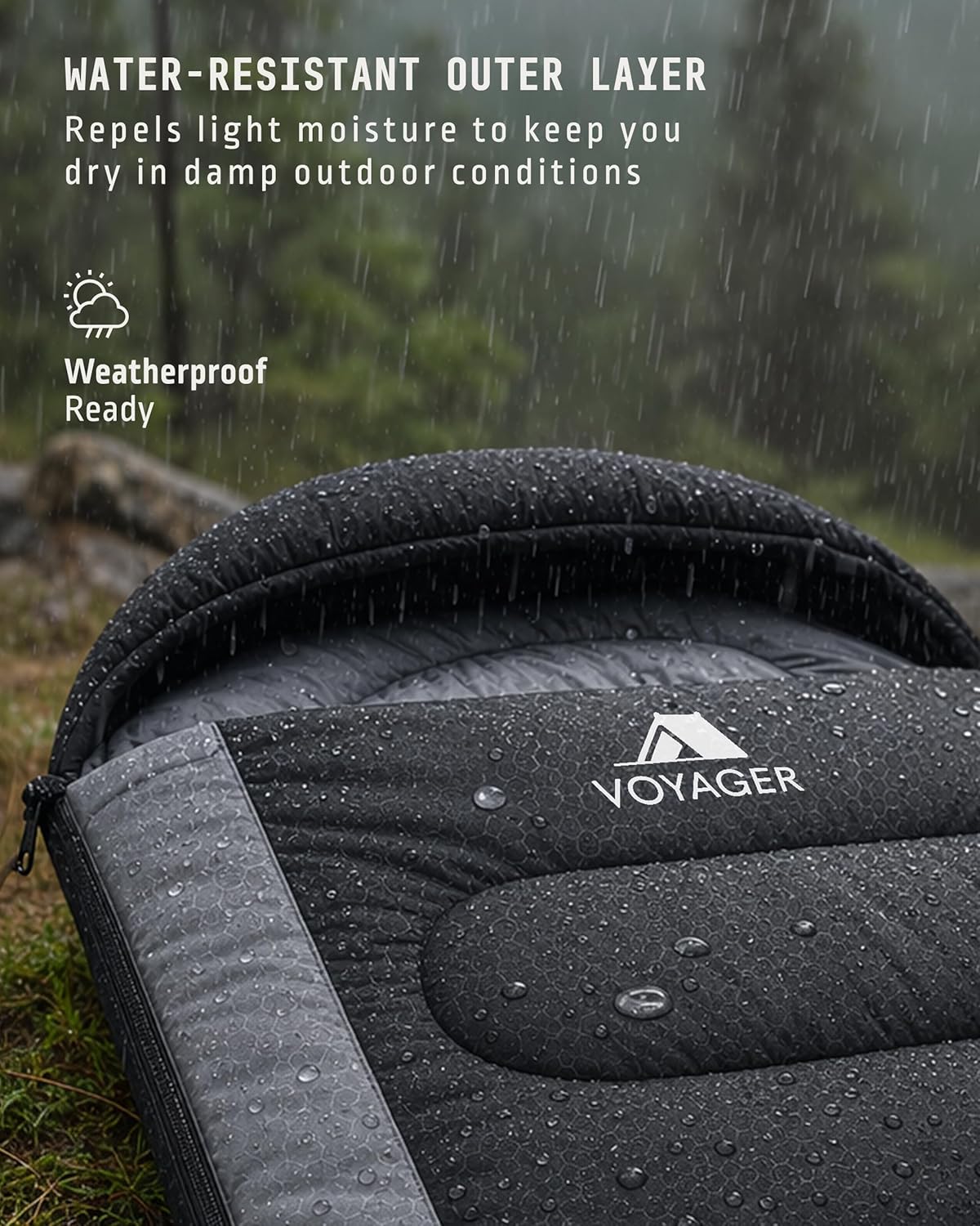 Detail of the Voyager sleeping bag's zip, hood and lining features