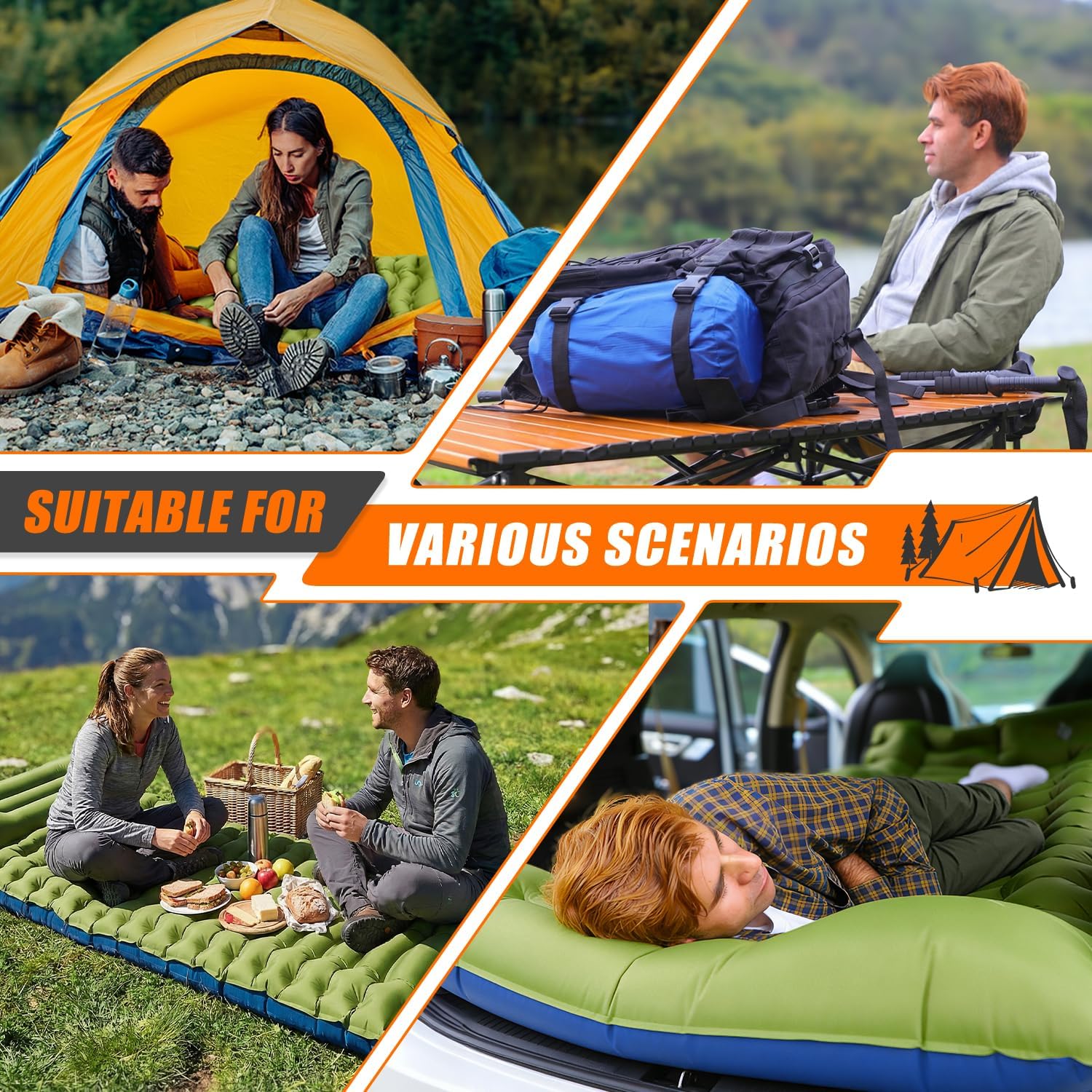 Yuzonc mat shown in four scenarios: inside a tent, on a camp cot, at a riverside picnic and being slept on in a car boot