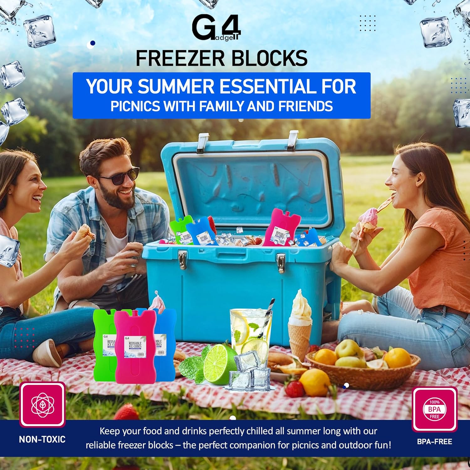 Pack of four G4GADGET 16cm freezer blocks ready for the cool bag