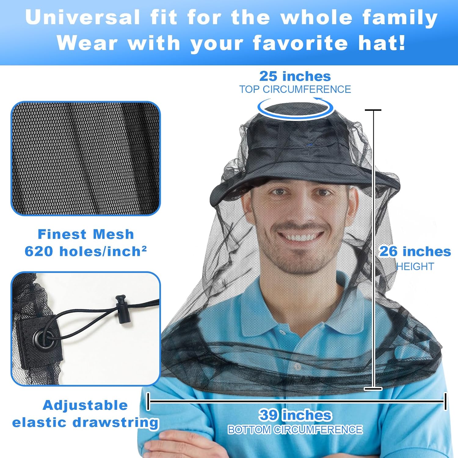 Product feature graphic showing the fine honeycomb mesh close-up, the adjustable elastic drawstring, and the dimensions 25 inch top, 26 inch height and 39 inch bottom circumference