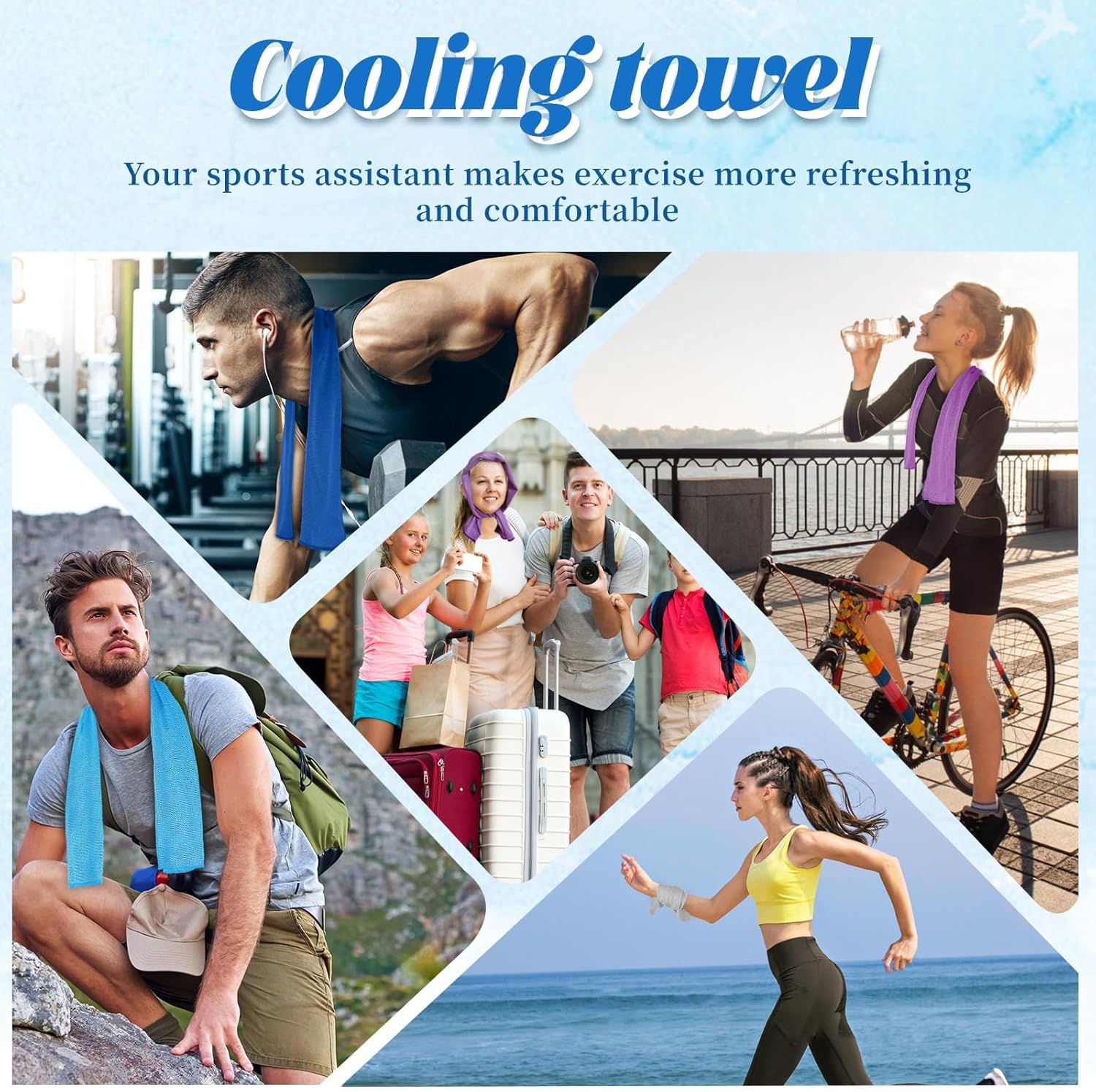 Collage of people using cooling towels while working out, cycling, hiking with a backpack and travelling with family