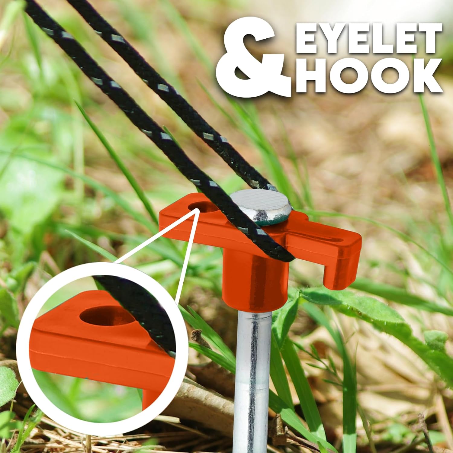 Close-up of the orange plastic T-head on an Xtremeauto ground peg showing the steel strike cap, the eyelet hole and the guy line hook