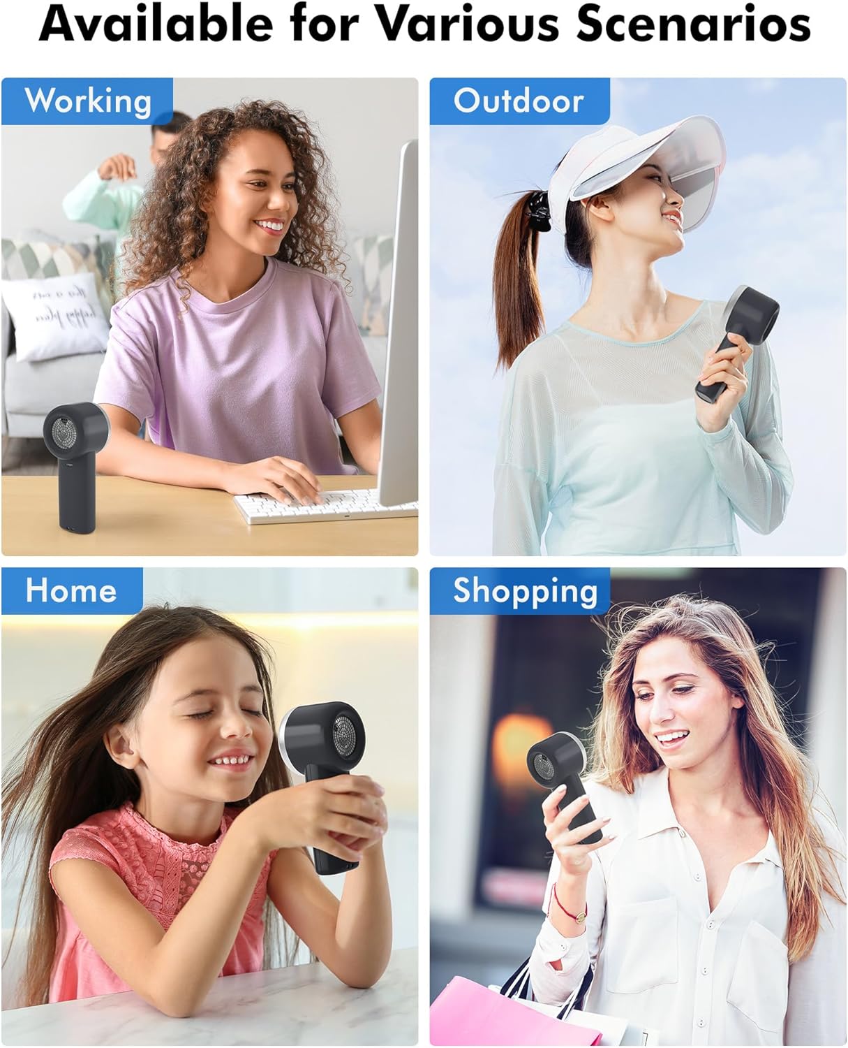 WHATOOK handheld fan in use outdoors, at home and out shopping