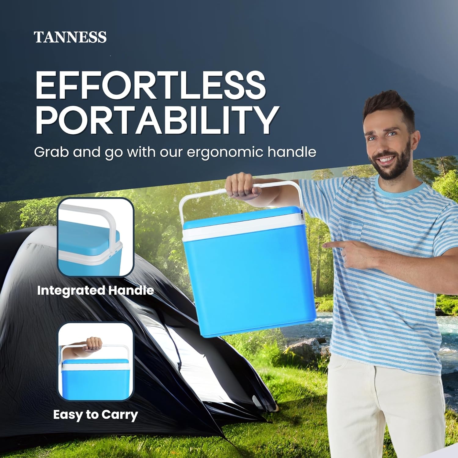 Man carrying the Tanness 24L cool box by its integrated handle at a campsite