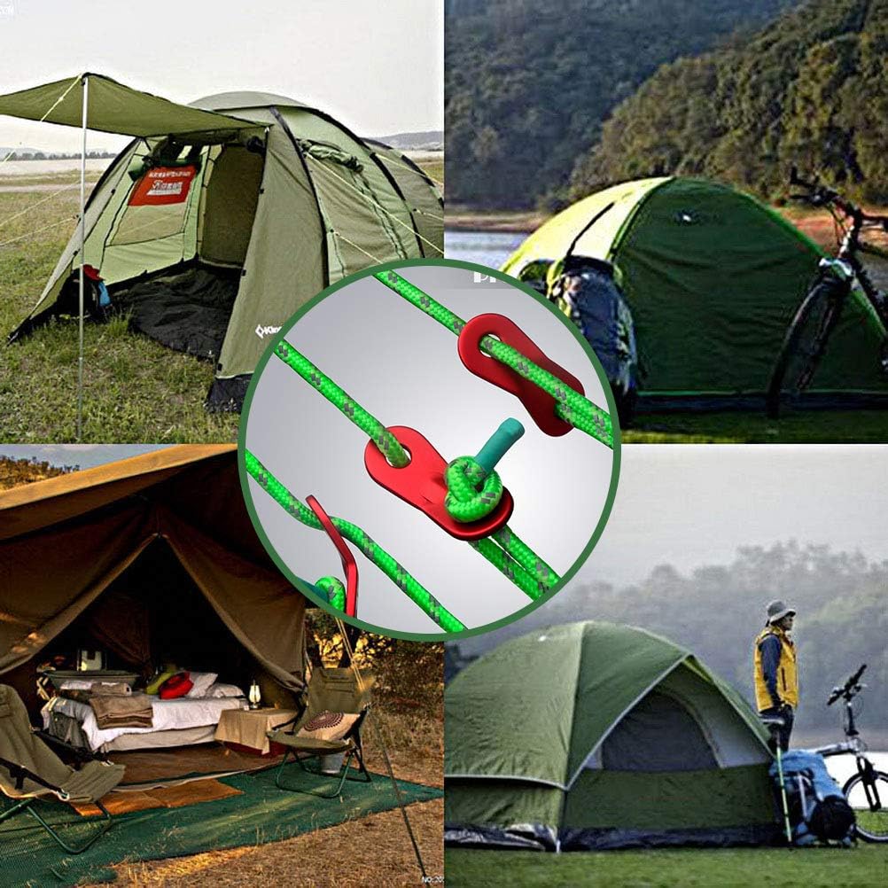Montage of tents pitched outdoors including a tunnel tent with a canopy and a dome tent beside a bike, with an inset of the red tensioner and a knot