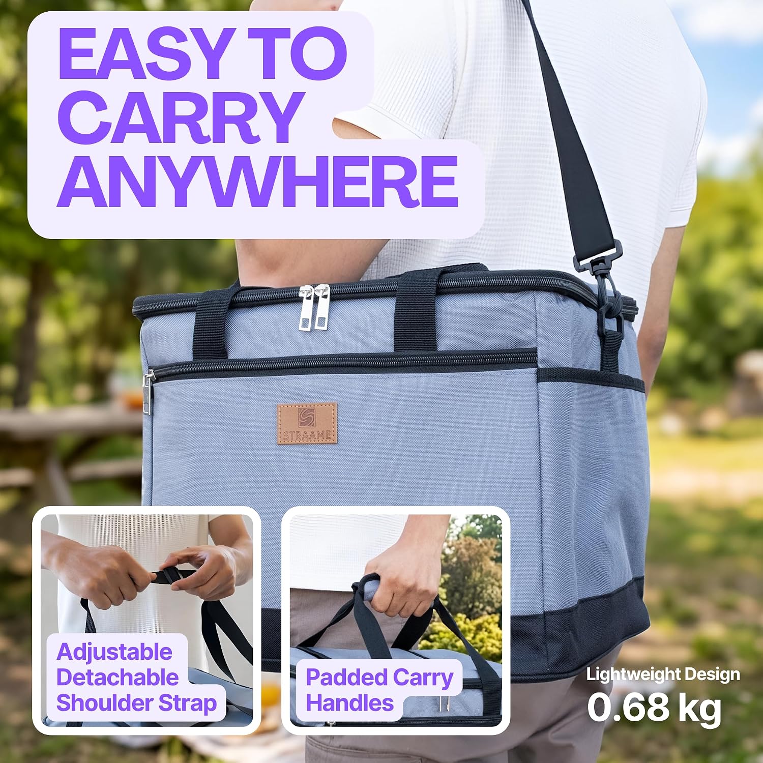 Man carrying the Straame 30L cooler bag using the detachable shoulder strap, with insets showing the strap adjustment and padded carry handles