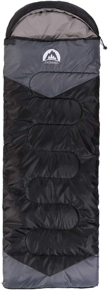 Front view of the SWTMERRY sleeping bag in black and grey with hood and drawcord