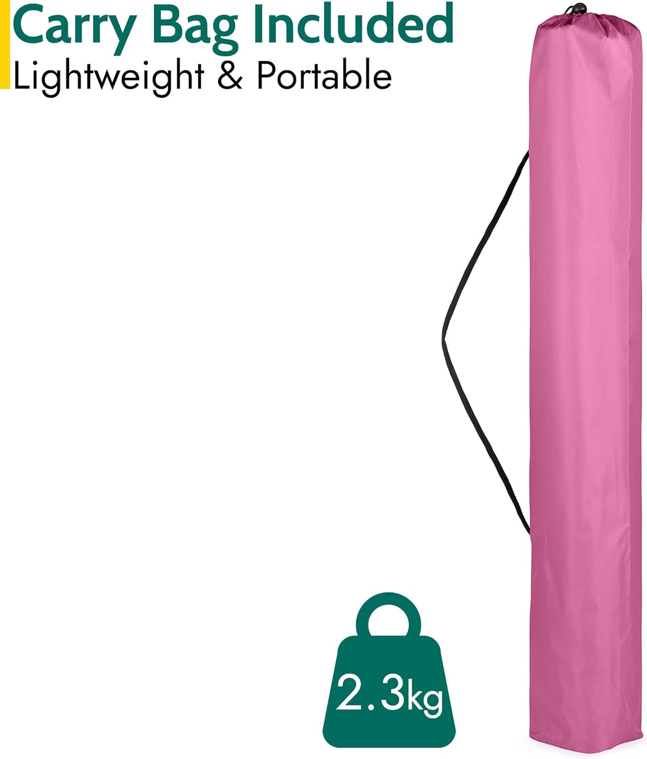 Pink drawcord carry bag with black shoulder strap for the Trail chair, labelled 2.3kg packed weight