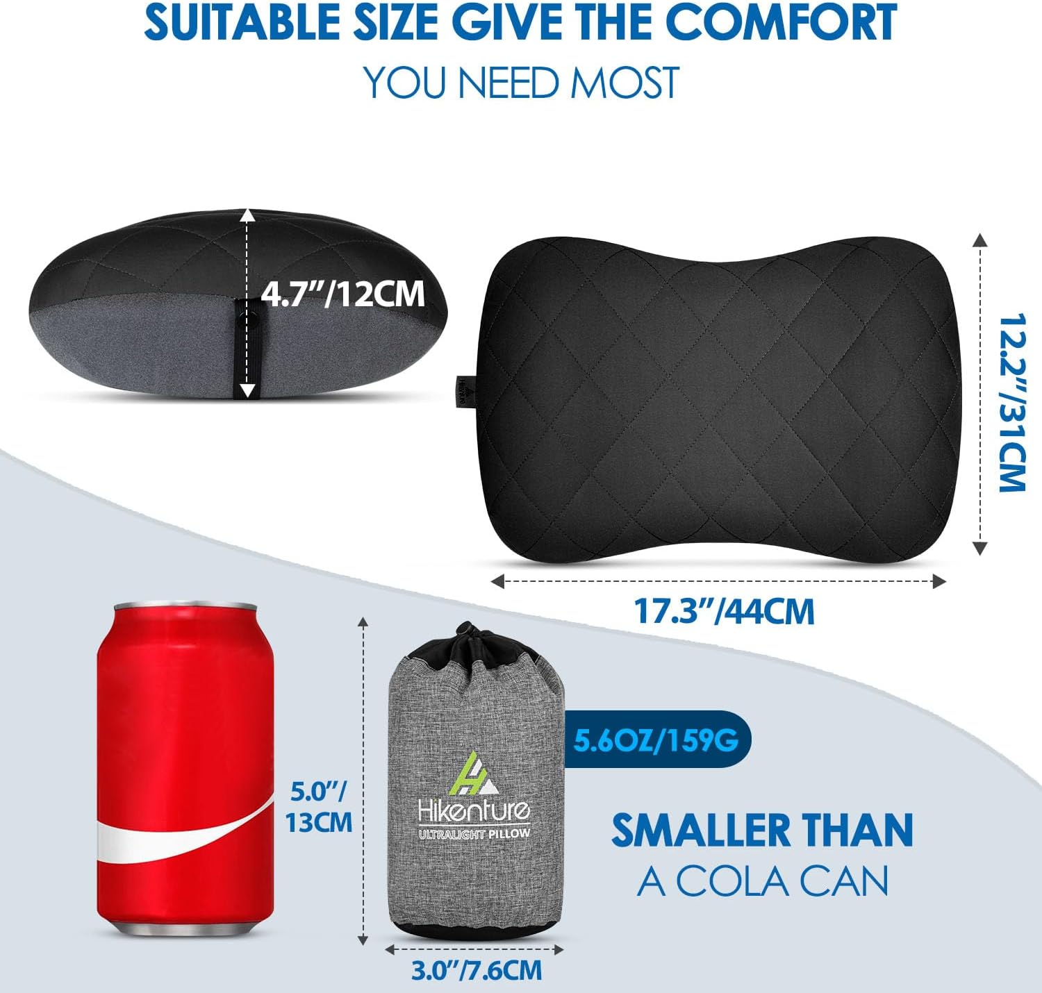 Size chart showing the pillow at 44 by 31cm inflated, 12cm high, packing to a 13 by 7.6cm sack smaller than a cola can at 159g