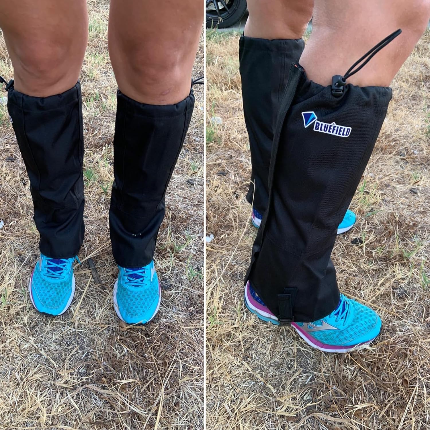Gaiters worn over bare legs and trainers on dry grass, showing warm-weather use