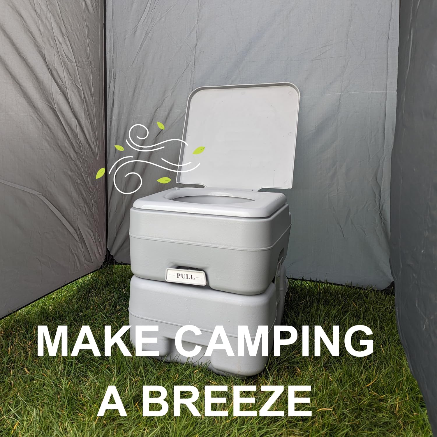 Grey portable camping toilet with the lid open, standing on grass inside a grey toilet tent