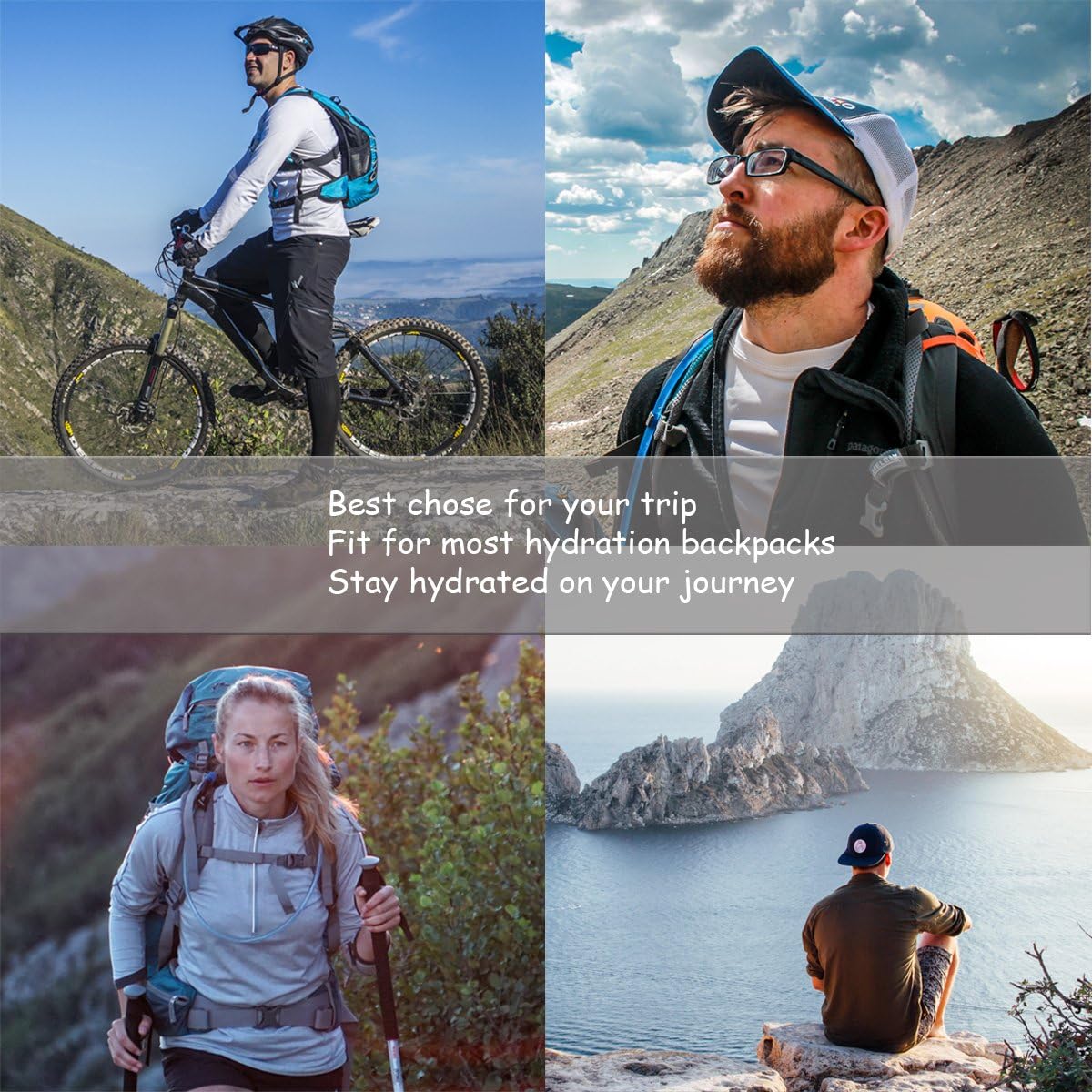 Lifestyle grid from the listing with a mountain biker, two hikers and a seated walker, captioned Fit for most hydration backpacks