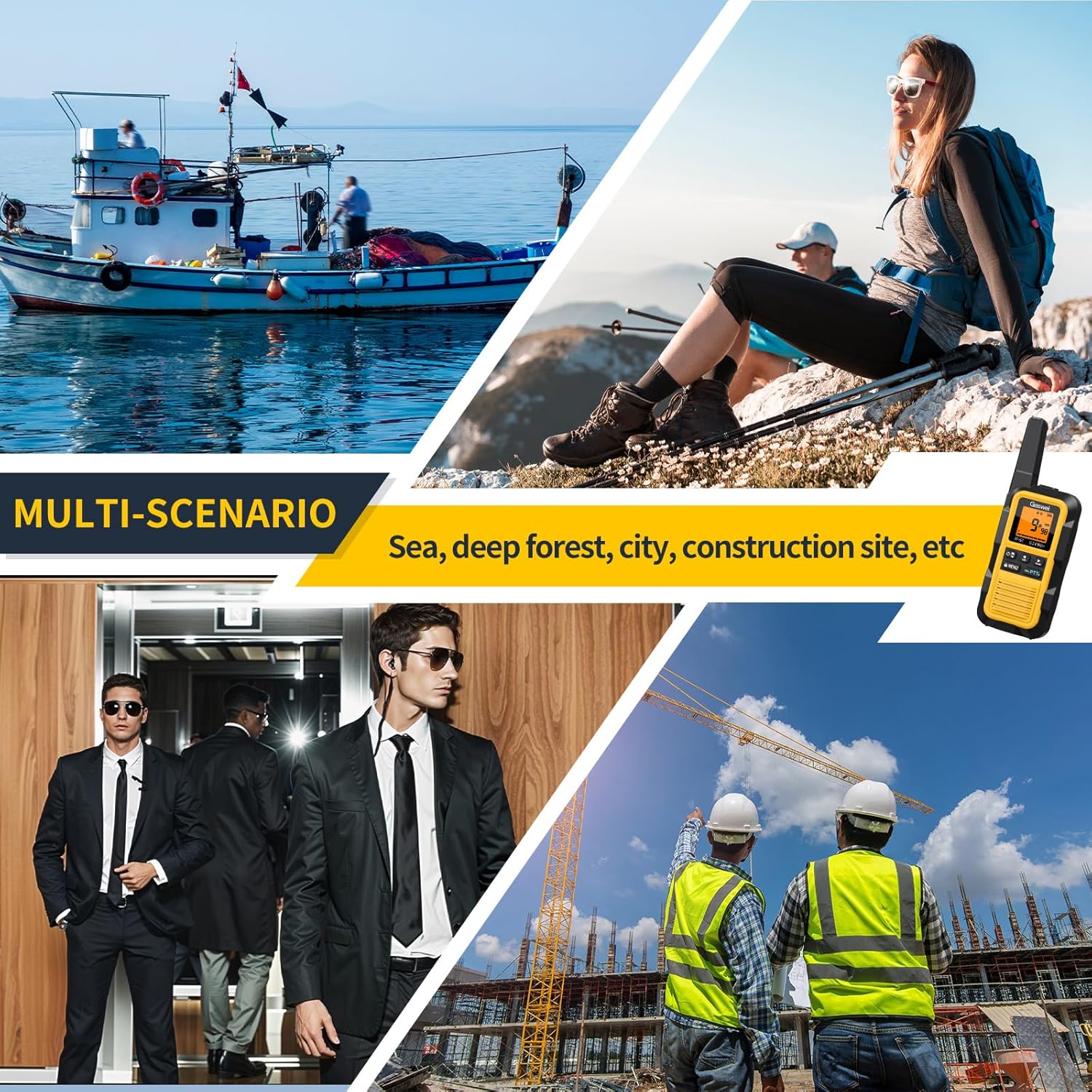 Gaswei listing gallery image captioned MULTI-SCENARIO, showing a fishing boat, two walkers with trekking poles resting on a rocky summit, security staff in suits and a construction site, with the caption sea, deep forest, city, construction site