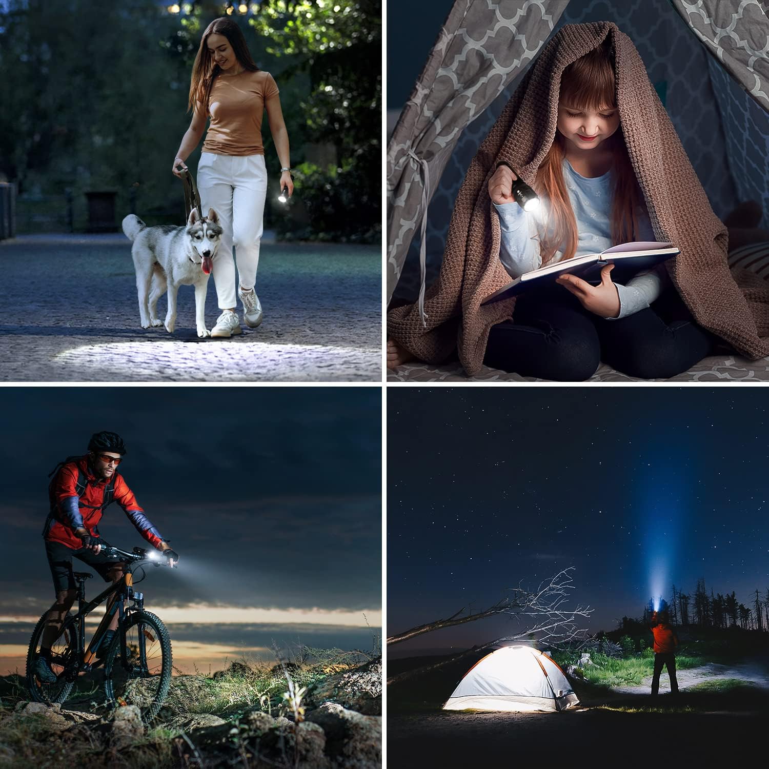 Four night-time scenes showing the LE torch used for dog walking, reading in a tent, cycling and camping