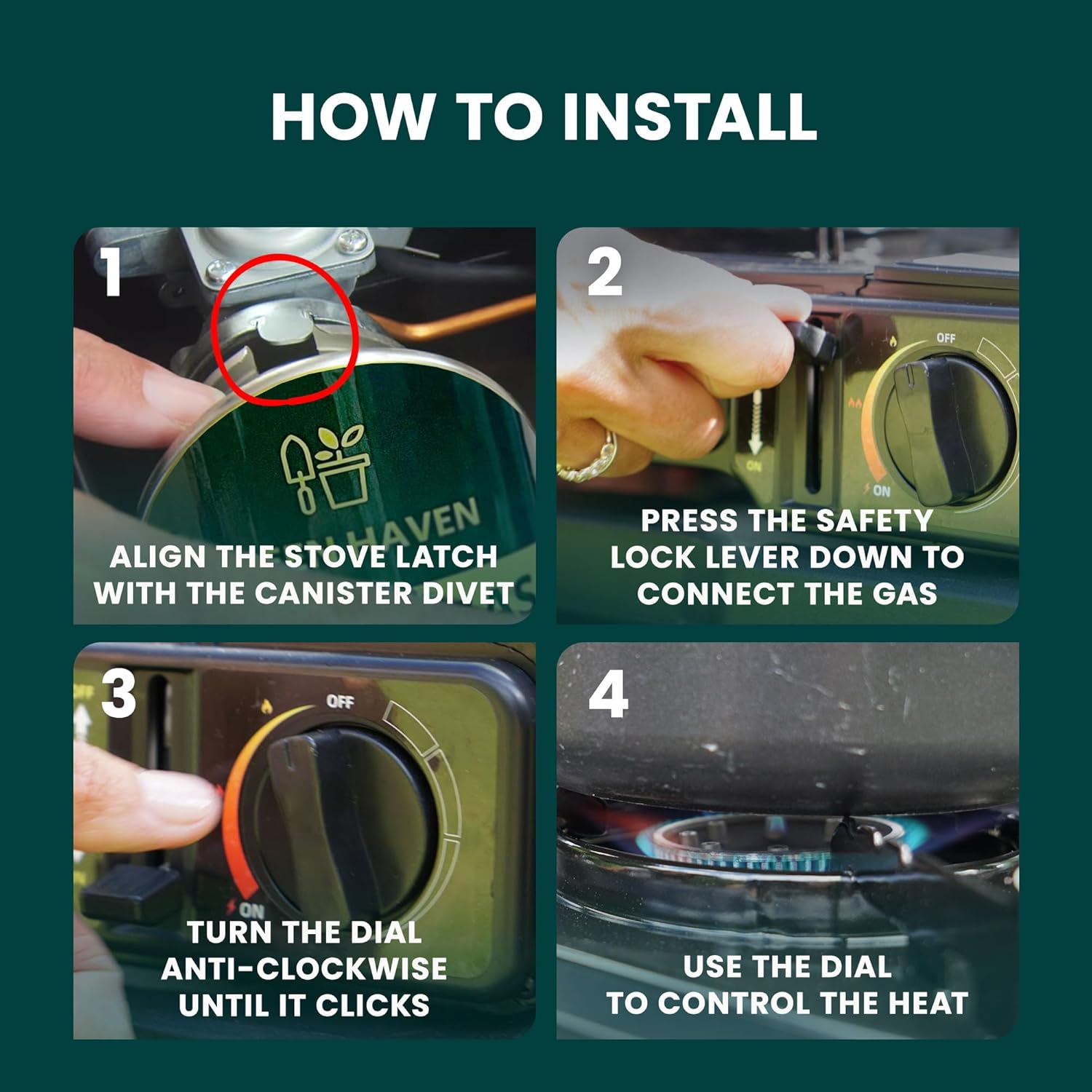 Four-step visual guide showing how to install a gas canister in the Green Haven camping stove