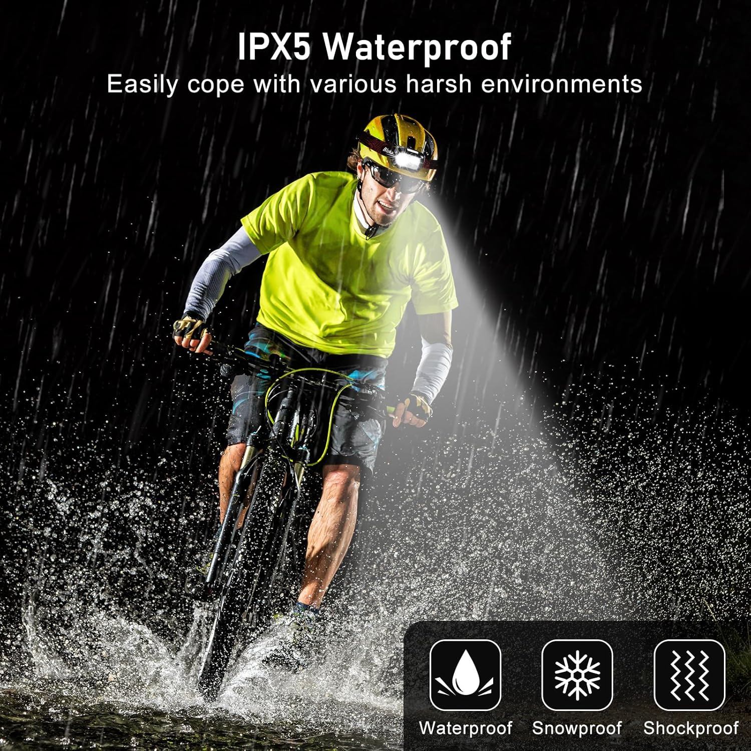 Cyclist wearing Blukar IPX5 waterproof headlamp in heavy rain