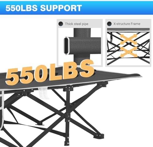 Infographic showing the 550lbs support claim, thick steel pipe joint and X-structure steel frame of the Overmont camp bed