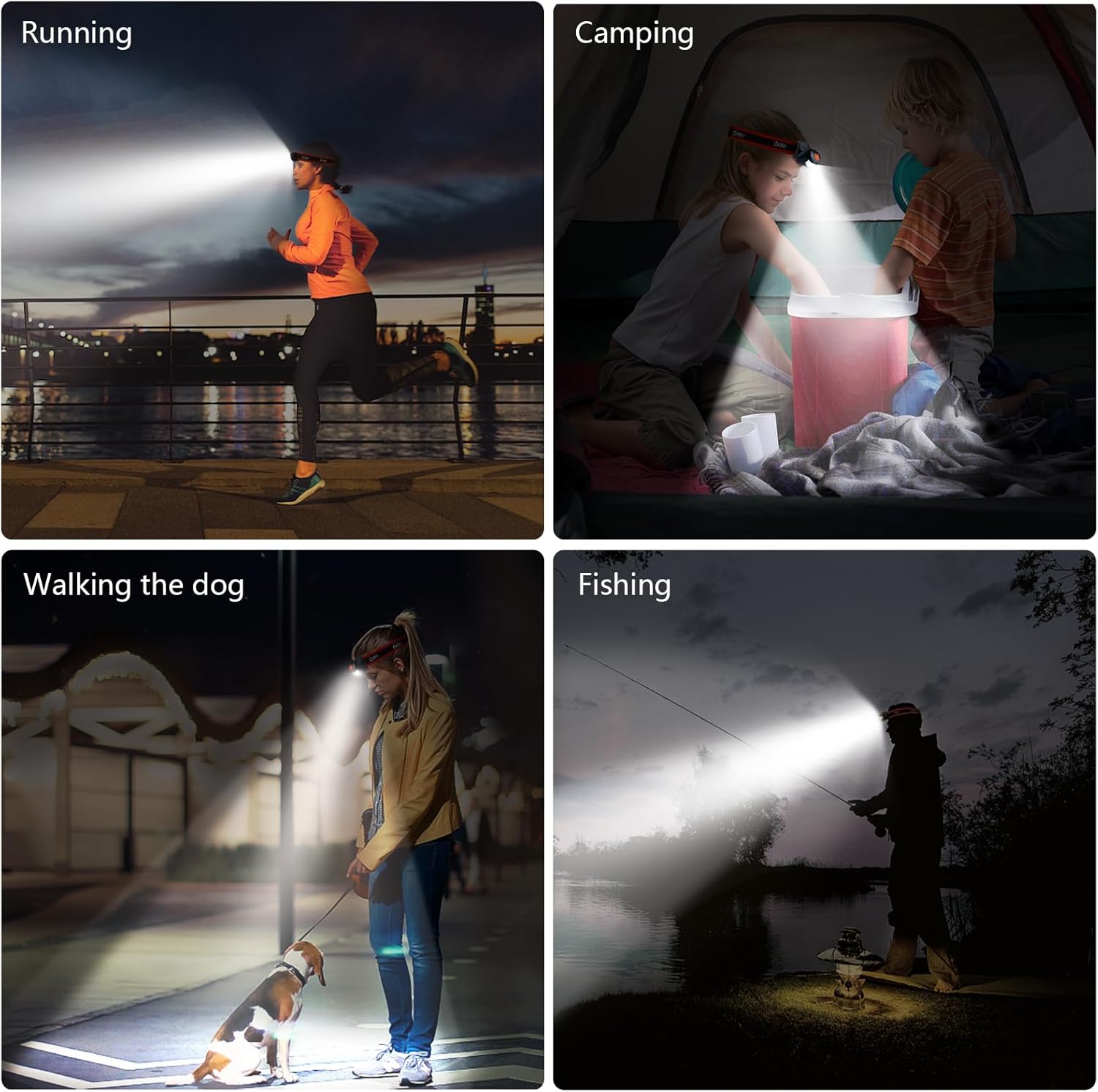 Four-panel lifestyle grid showing the Gritin head torch used for running, camping, dog walking, and fishing