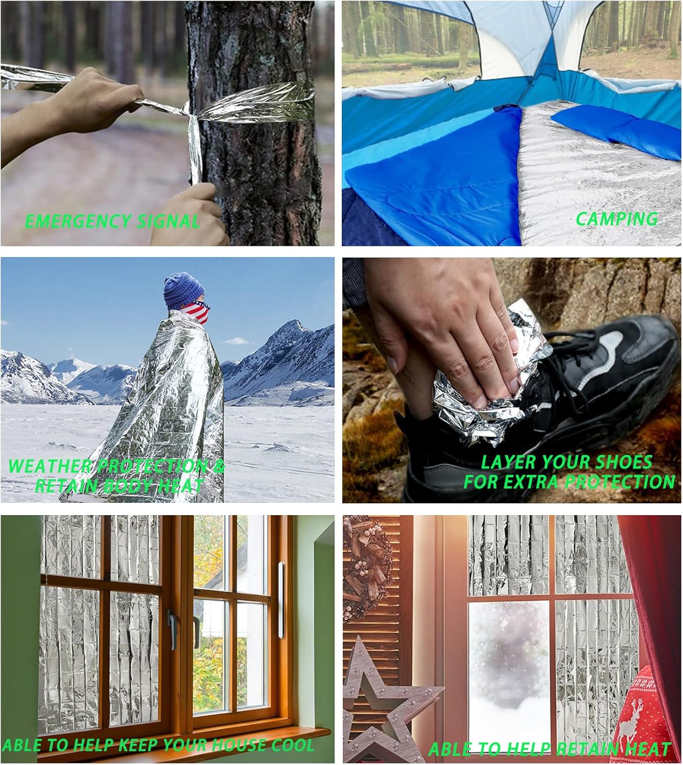 Six-panel use case graphic showing the blanket as a signalling aid, camp cover, shoe insulation and window shield