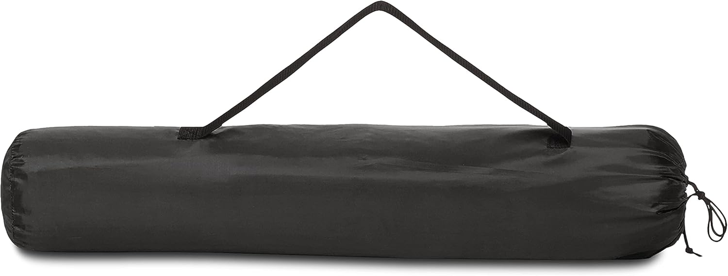 Infographic showing the key features of the Amazon Basics camping chair: cooler pouch, cup holder, side pocket and steel frame