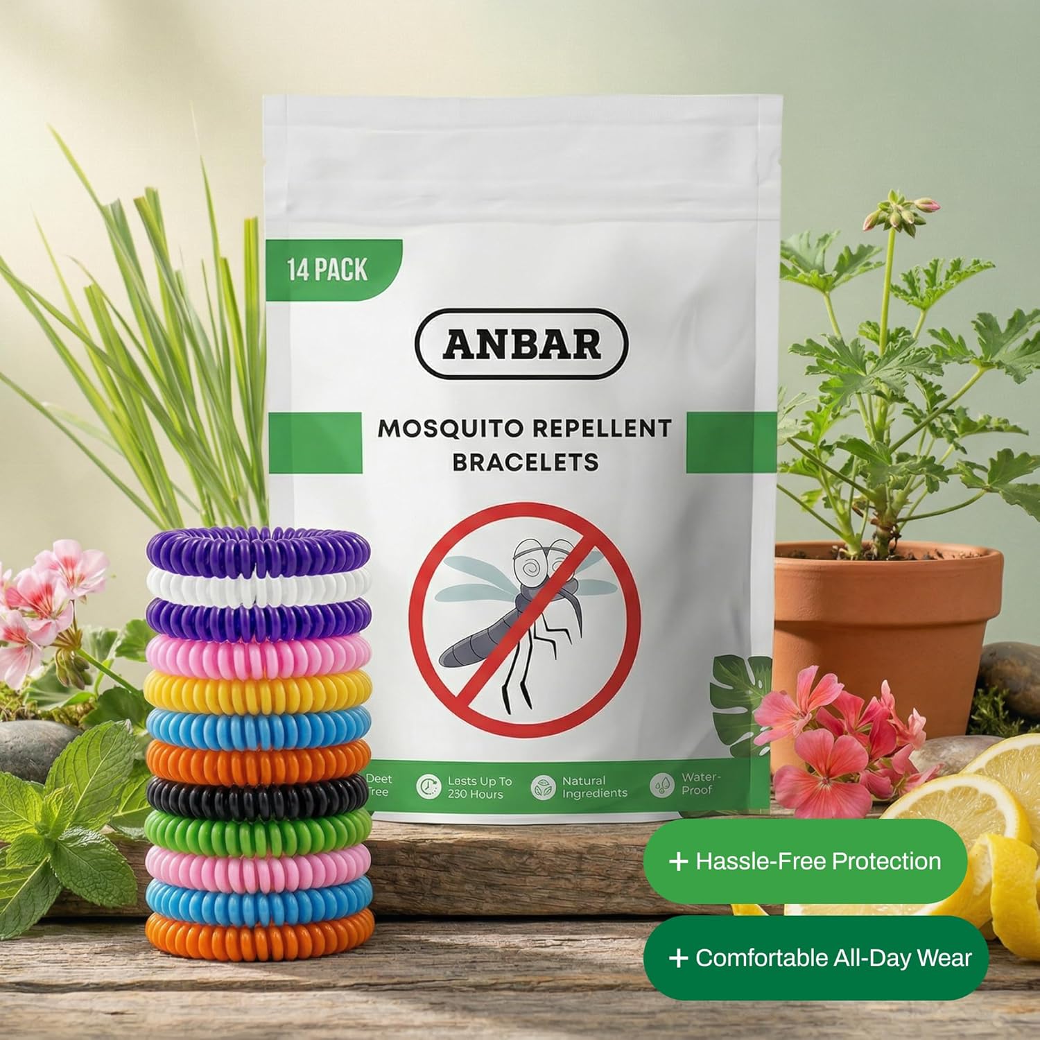 Infographic showing the natural, DEET-free features of the Anbar mosquito bands