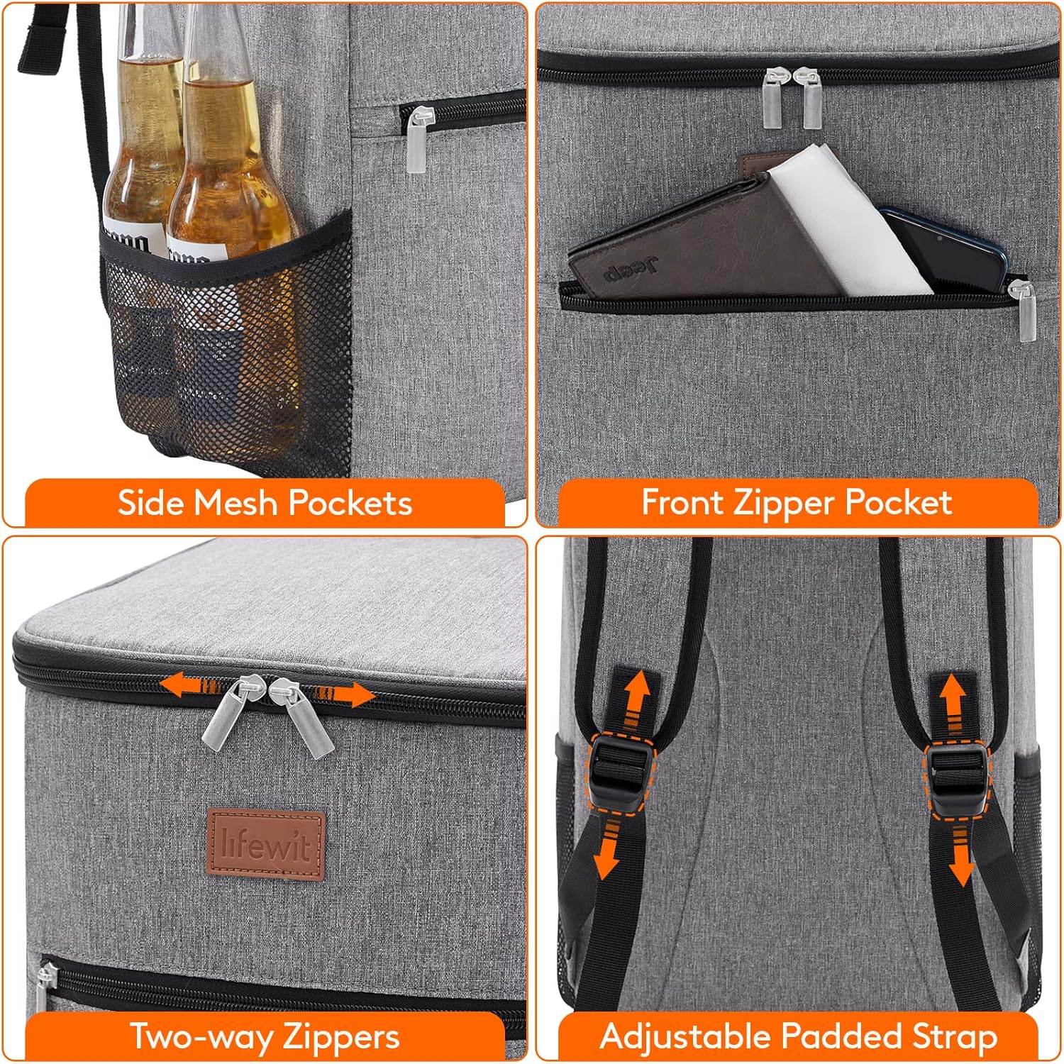 Lifewit cooler backpack feature diagram showing pockets and straps