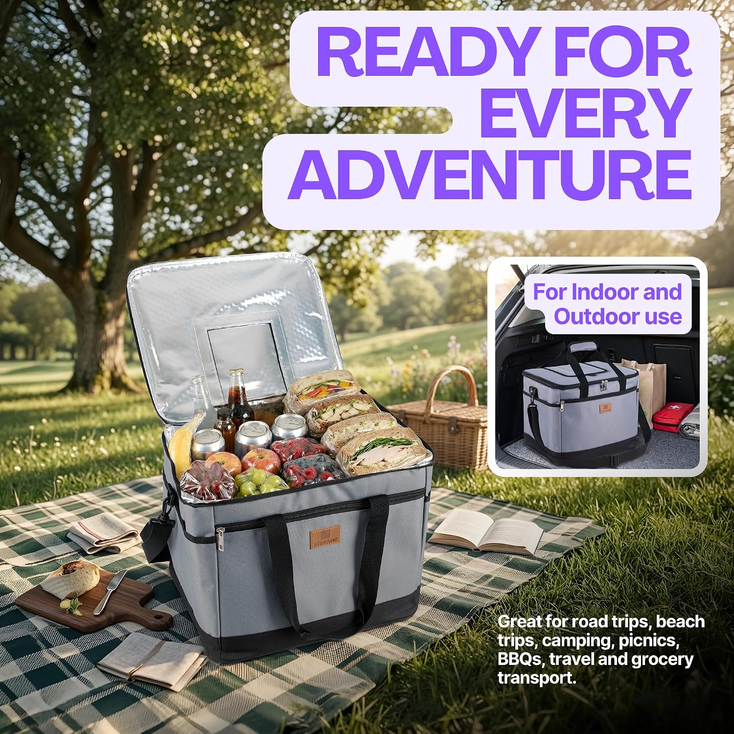 Straame 30L cooler bag open on a picnic blanket filled with sandwiches, fruit and drinks, with an inset showing it packed in a car boot
