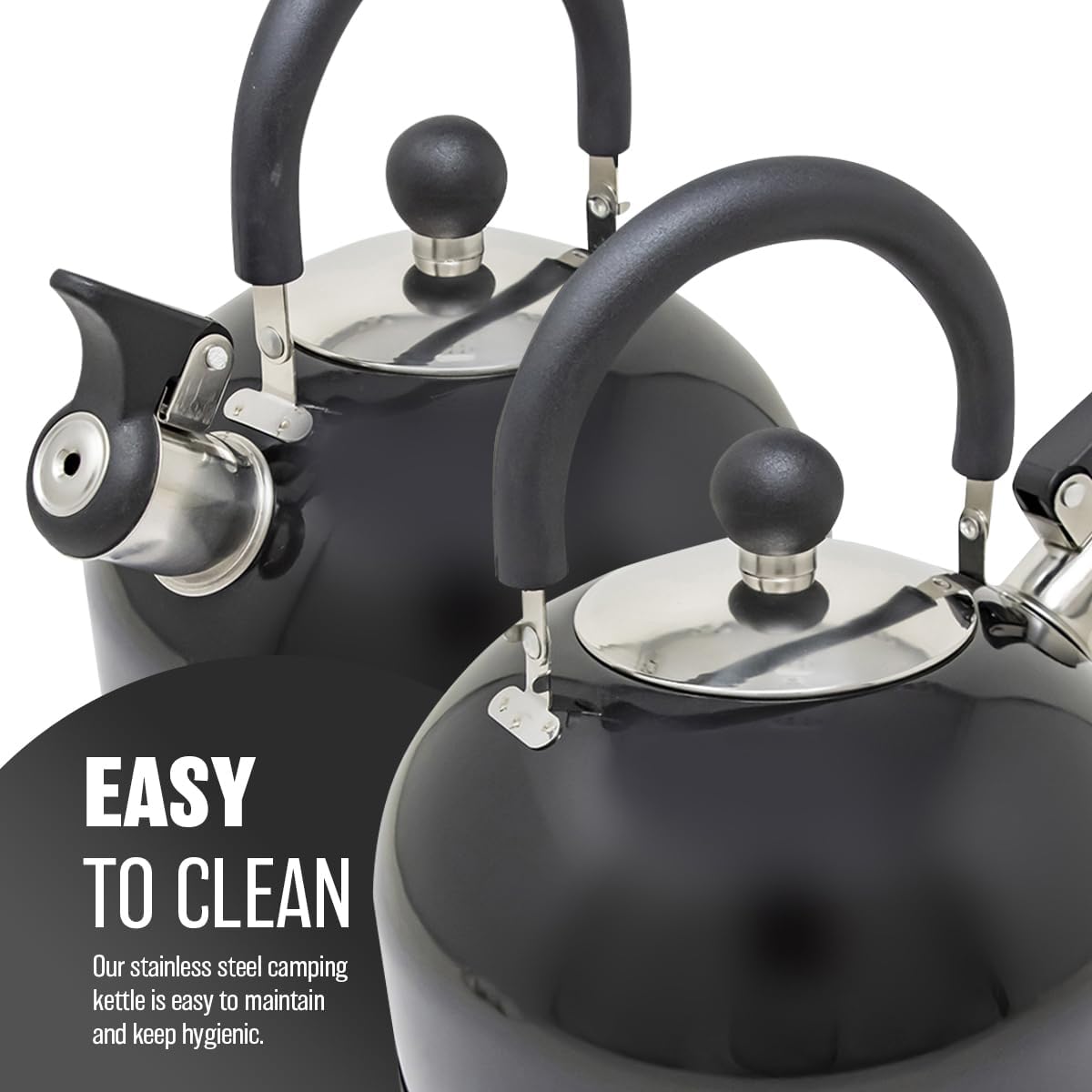 Two black whistling kettles photographed together showing the lid, spout cap and handle brackets