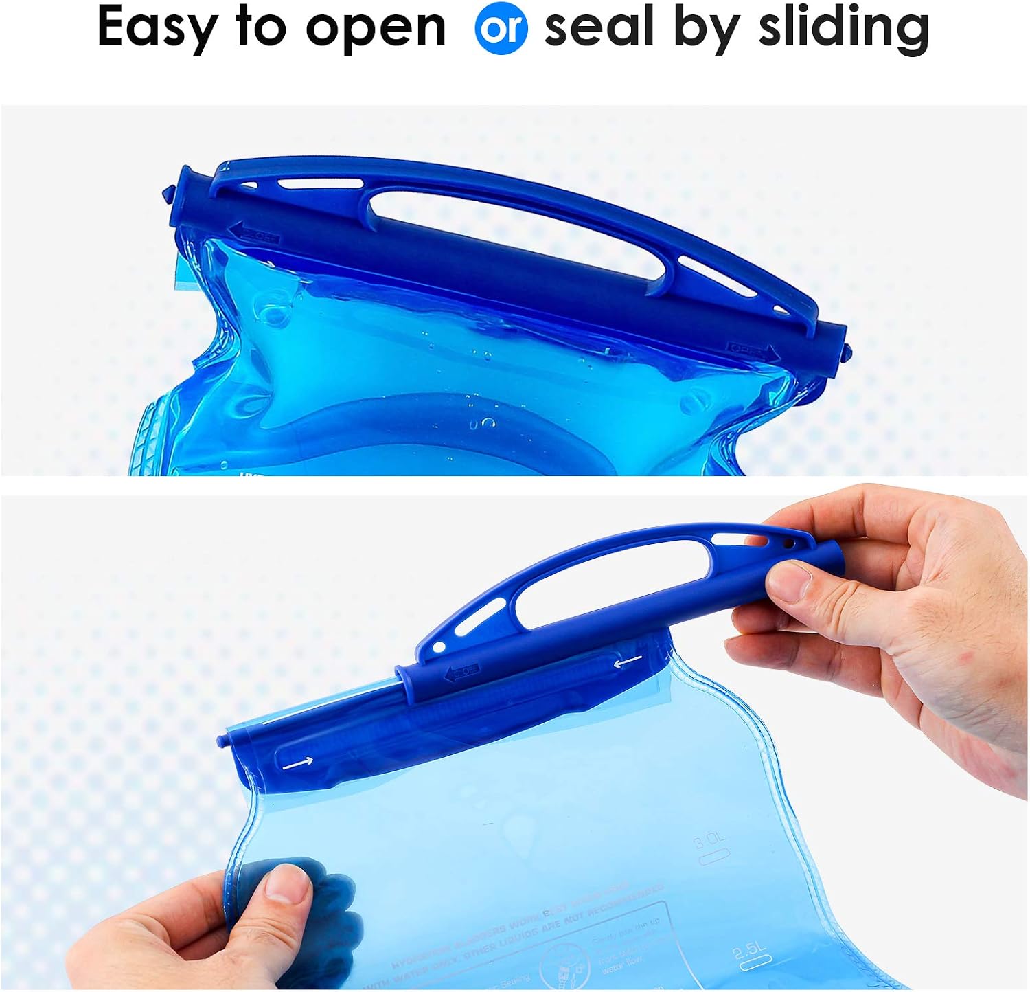 Listing graphic captioned Easy to open or seal by sliding, showing the blue handle bar sliding along the top of the bladder and a hand pulling it off to open the bag