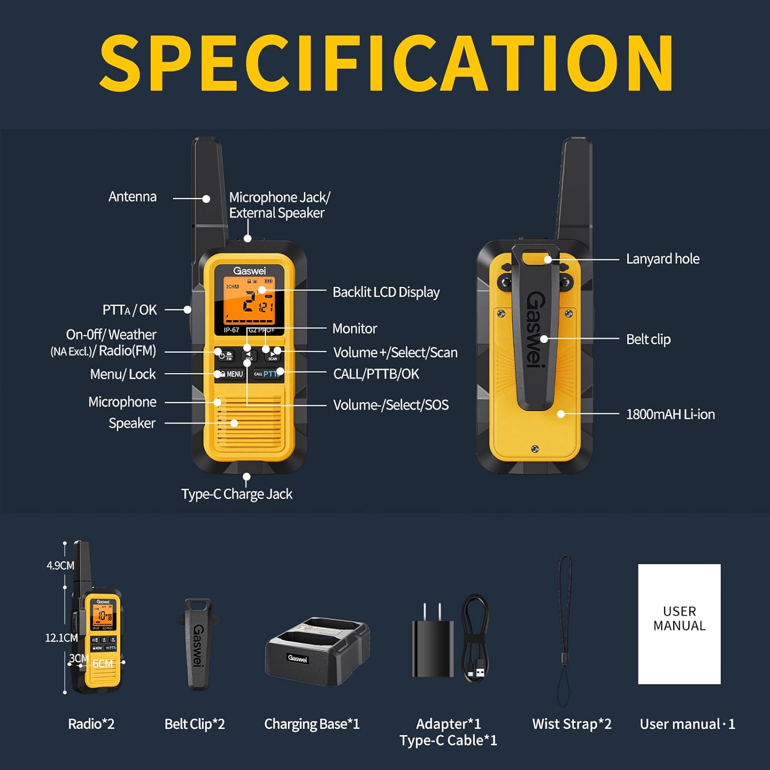 Gaswei G2Pro+ specification panel showing the button map, 12.1 cm body with 4.9 cm antenna, and the 2-pack box contents of two radios, two belt clips, one charging base, adapter, Type-C cable, two wrist straps and a manual