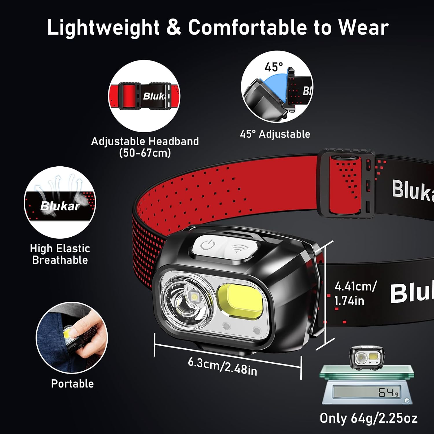 Blukar head torch dimensions lightweight 64g adjustable headband