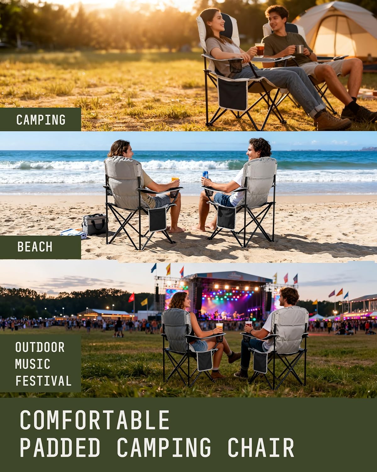Voyager camping chairs shown in three use cases: camping, beach and festival