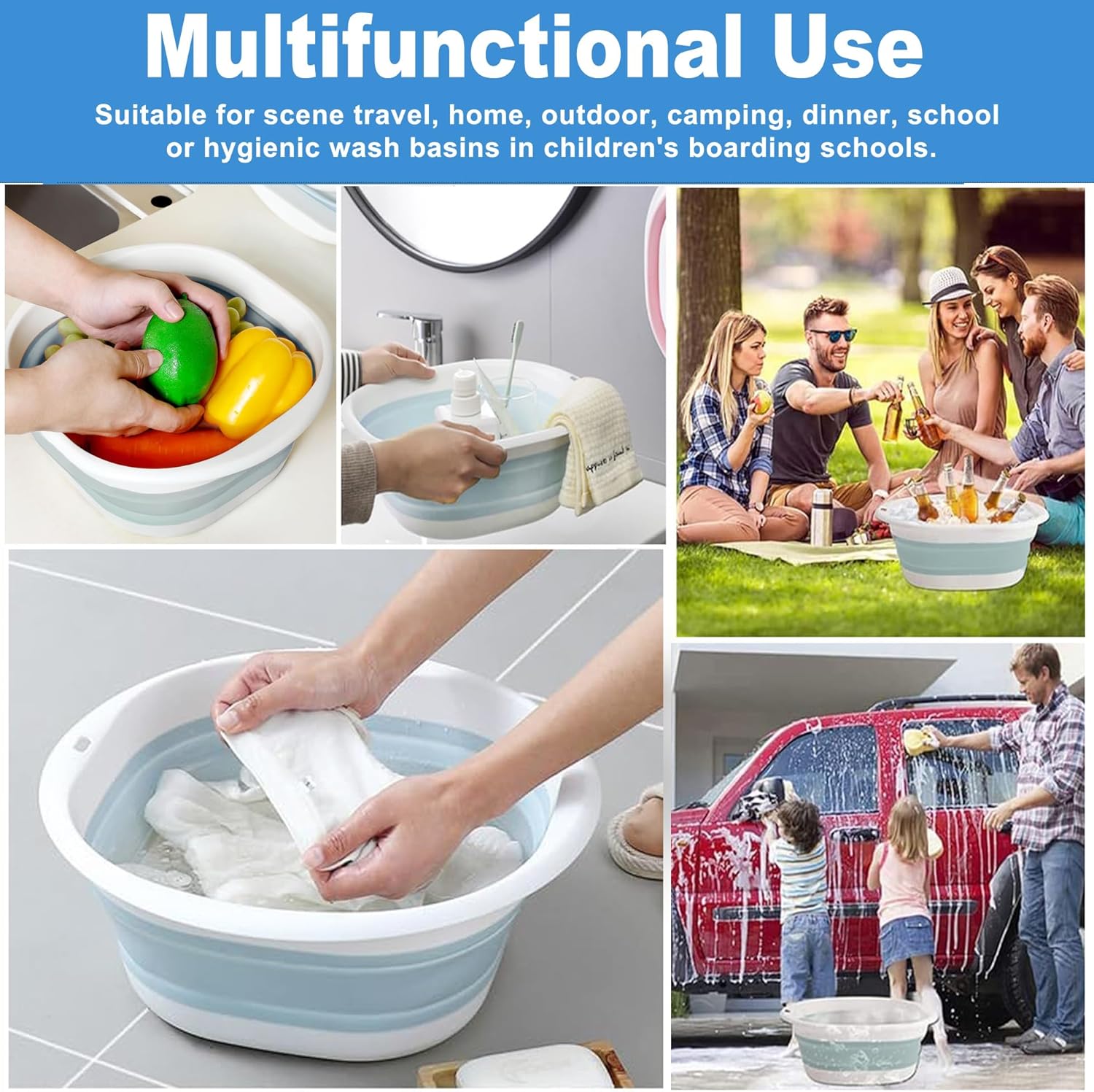 Collage showing collapsible bowl used for vegetables, picnic, laundry and car cleaning