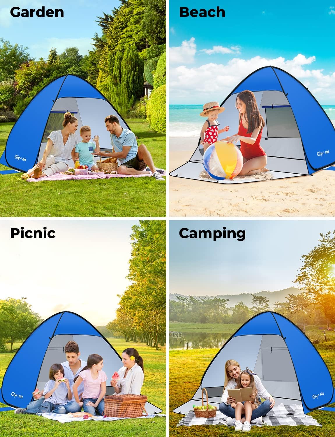 Lifestyle shot of the Glymnis pop-up beach tent in use on a sandy beach with family kit inside