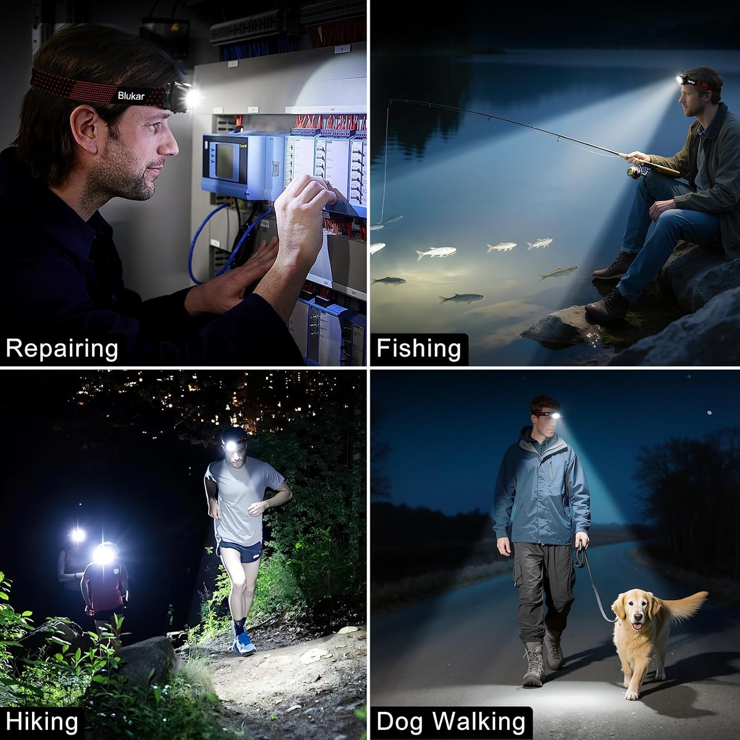 Blukar head torch in use for repairing, fishing, hiking and dog walking