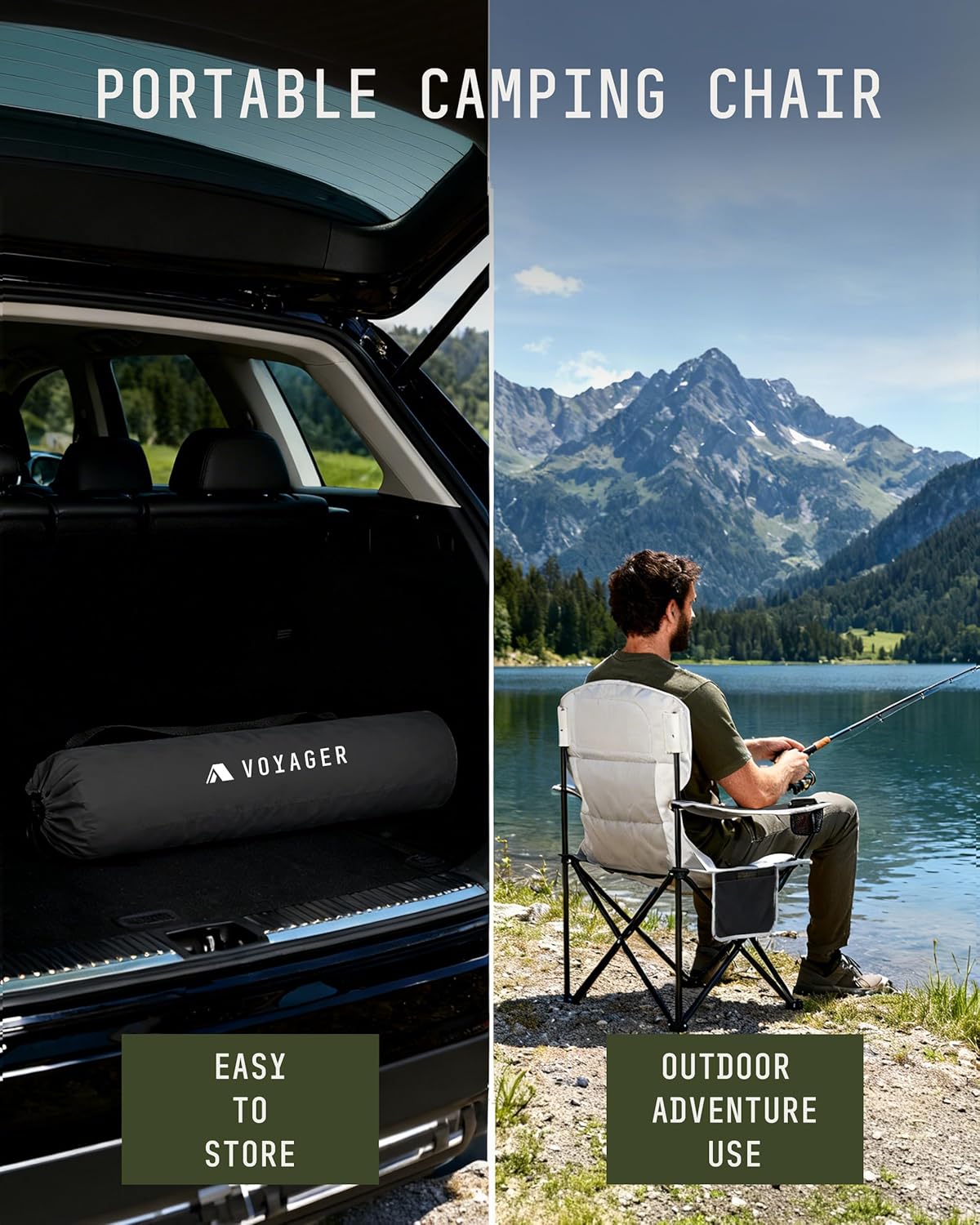 Voyager camping chair in car boot and at fishing location