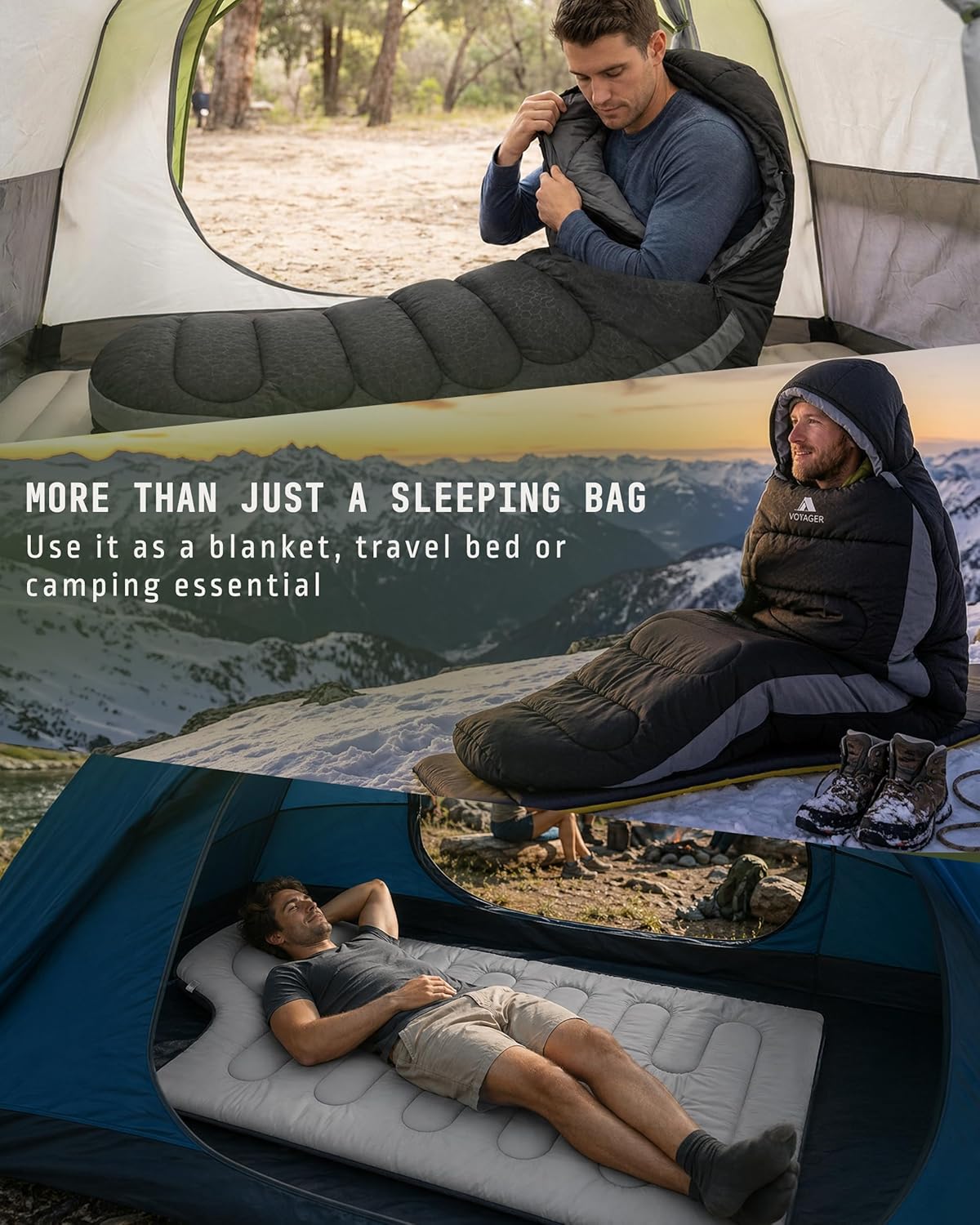 Voyager sleeping bag packed in its stuff sack shown for size comparison
