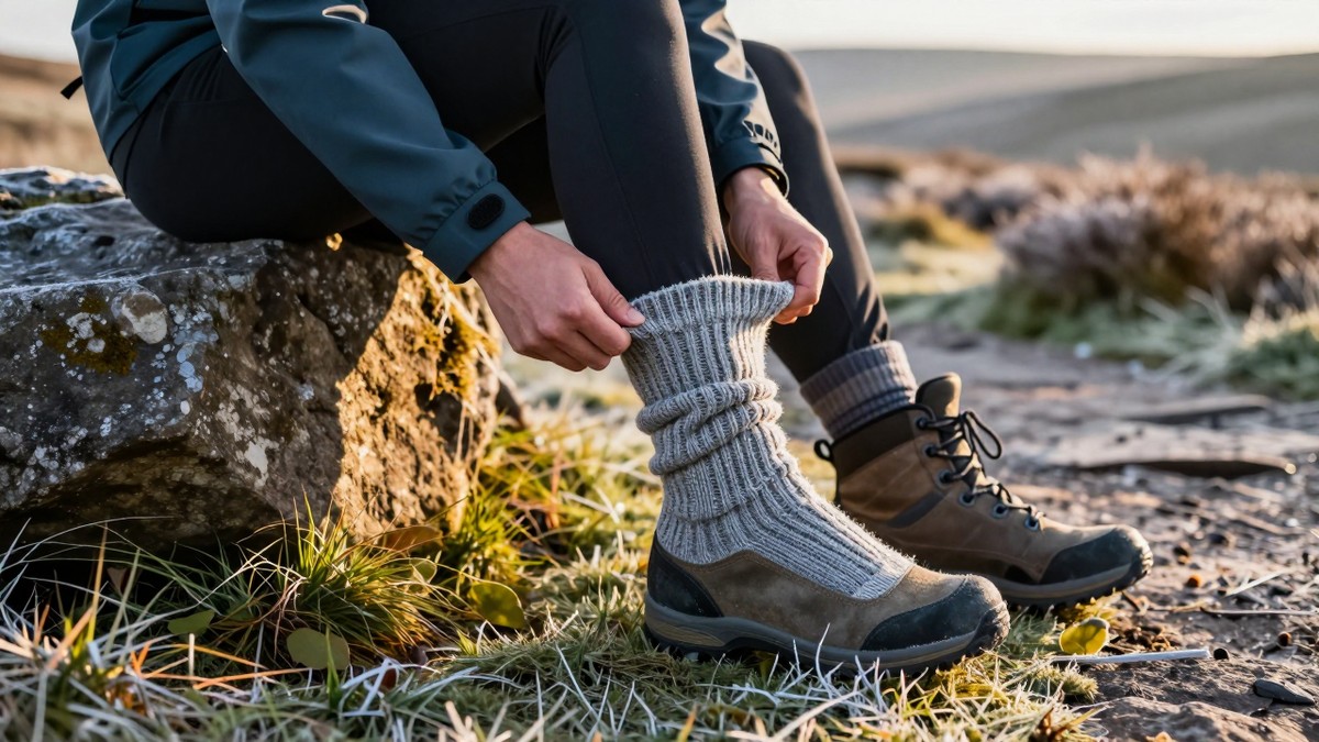 Hiker sitting on a rock on a frosty UK moorland path in late autumn pulling on a thick knitted thermal wool sock, walking boot beside them