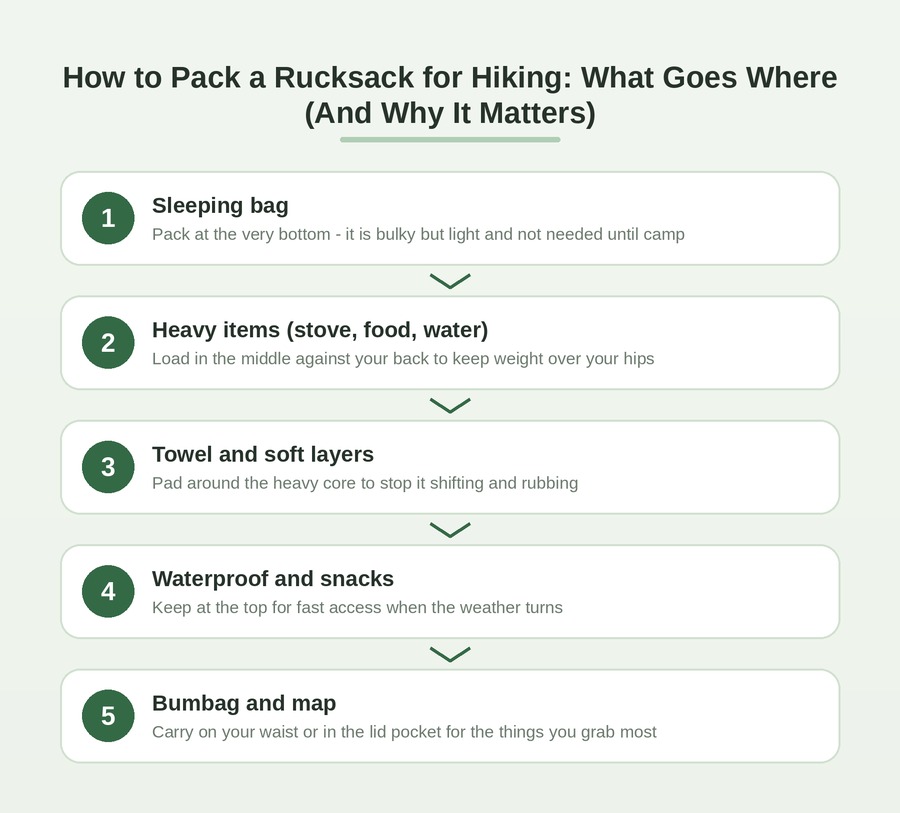How to pack a rucksack for hiking diagram showing the loading order from sleeping bag at the bottom, heavy items in the middle, soft layers as padding, waterproofs at the top, and bumbag on the waist