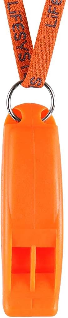 Lifesystems emergency whistle in bright orange with branded lanyard, front angle showing pealess dual-chamber design