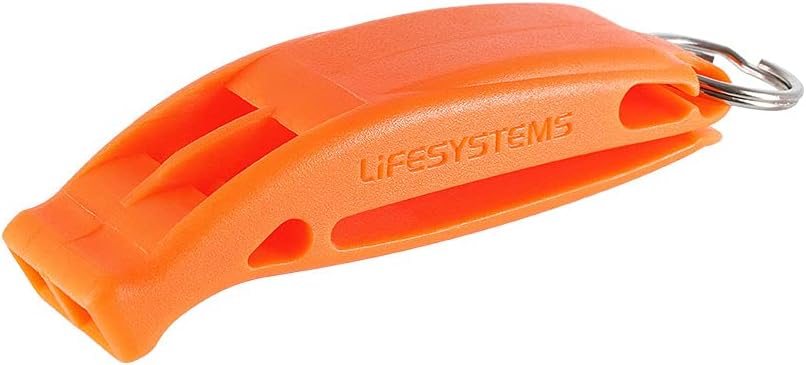 Side profile of Lifesystems whistle showing embossed branding and split ring attachment