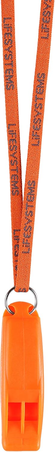 Close-up of Lifesystems whistle hanging from branded lanyard showing dual-chamber mouthpiece design
