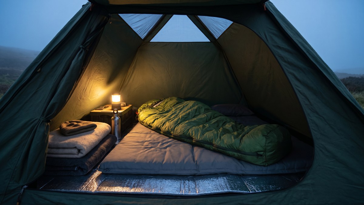 Insulated sleeping mat and warm sleeping bag layered inside a UK tent for staying warm